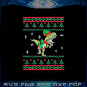 Dinosaur In Elf Costume Ugly Sweater Christmas Svg Cutting Files