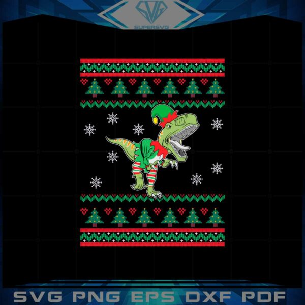 dinosaur-in-elf-costume-ugly-sweater-christmas-svg-cutting-files