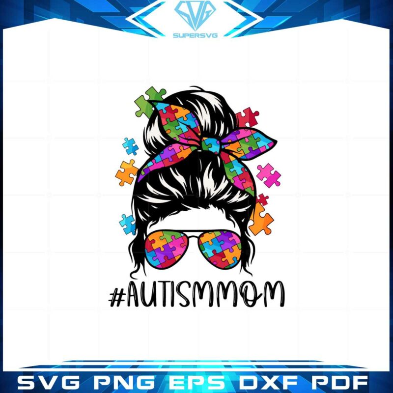 Autism Messy Bun Mom Puzzle Bow SVG Graphic Designs Files