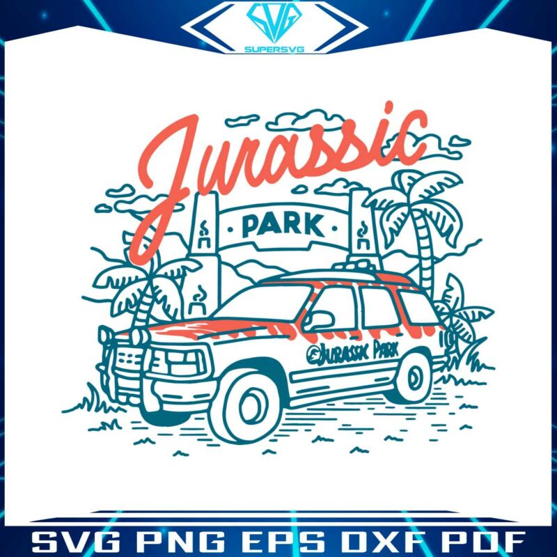 jurassic-park-entrance-with-tour-jeep-line-svg-cutting-files