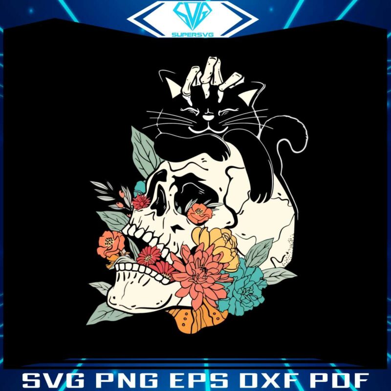 horror-black-cat-and-floral-skull-svg-graphic-design-file