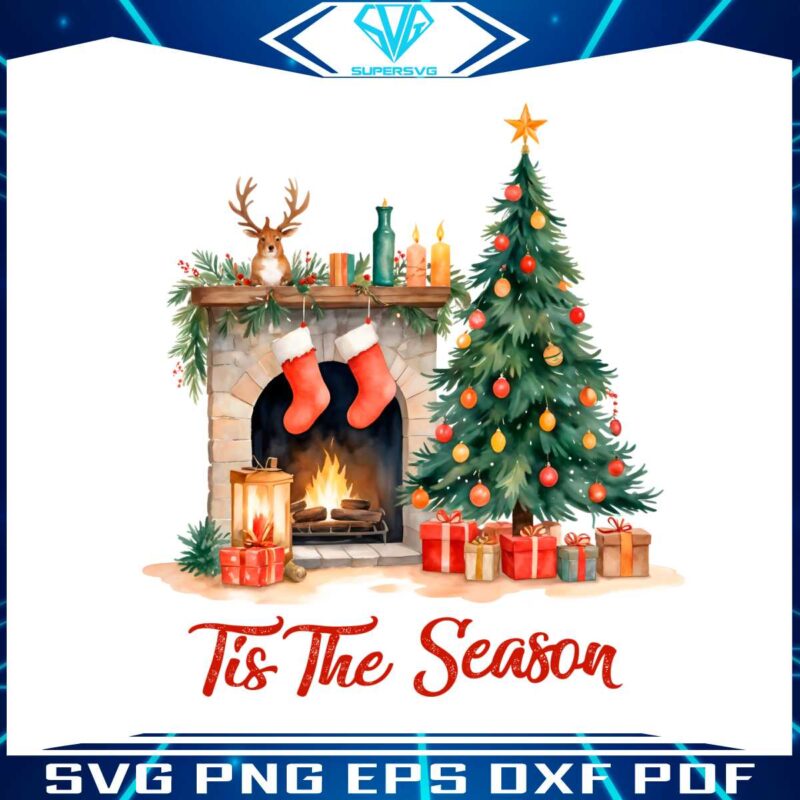 retro-tis-the-season-christmas-fireplace-with-tree-svg