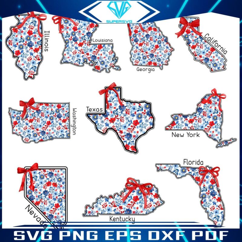 Coquette Patriotic Floral USA State PNG Bundle for 4th of July